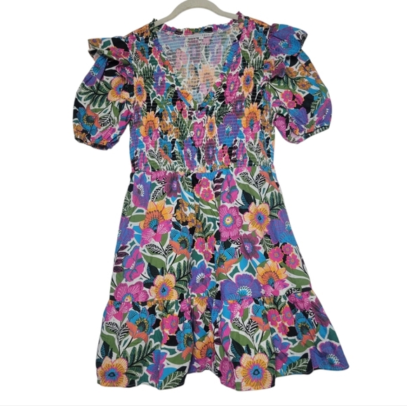 Baltic Born Kyrie Puff Sleeve Floral Print Dress Ruffle Shoulder Vibrant Boho XL - Picture 5 of 15
